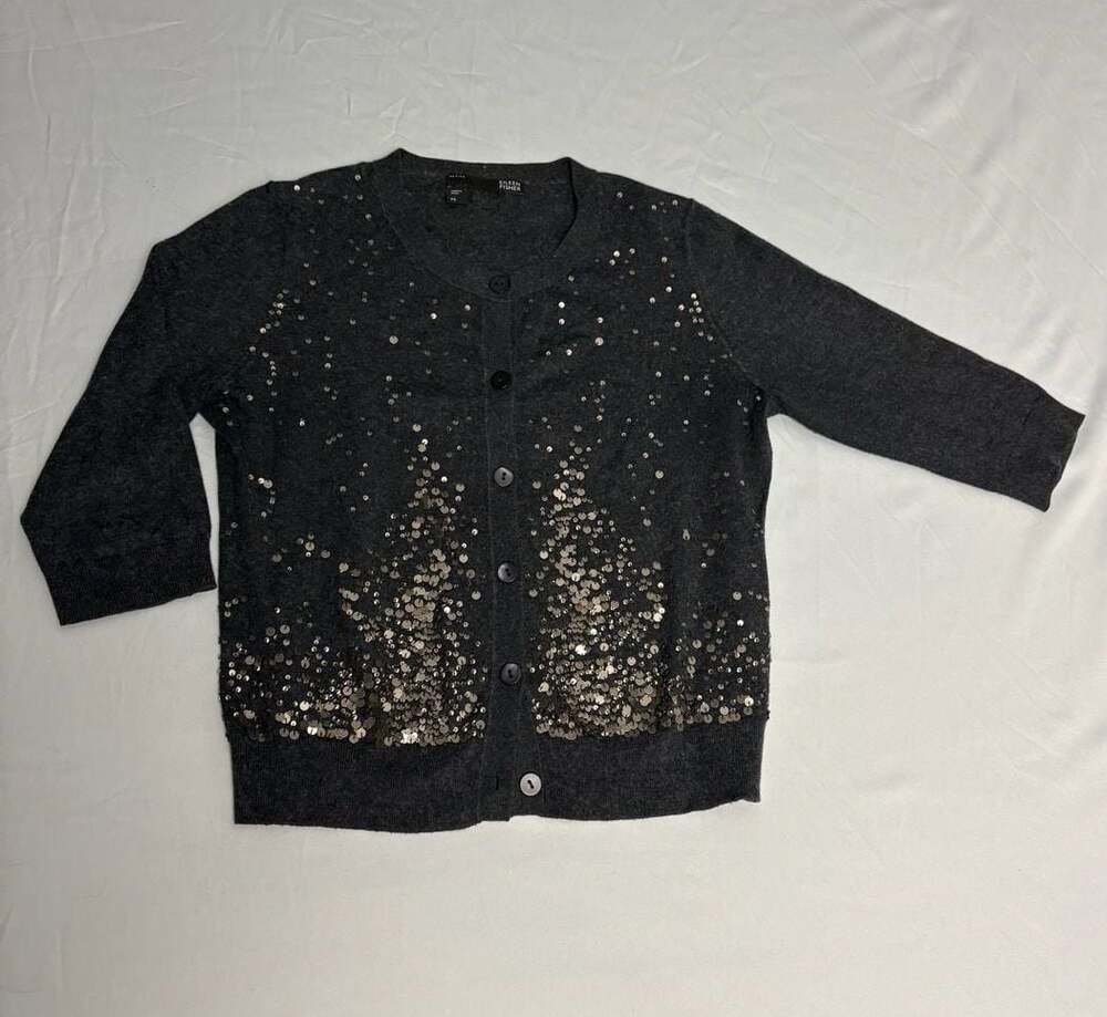 Eileen Fisher Charcoal Gray Sequin Cardigan Sweater Petite PS